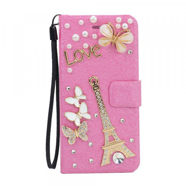 Wholesale Galaxy S6 Edge Crystal Flip Leather Wallet Case with Strap (Eiffel Tower Hot Pink)